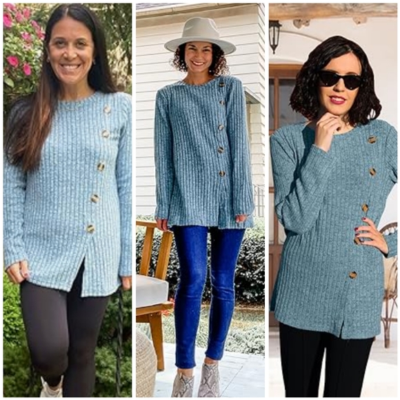 NWT Blue Ribbed Light Tunic Sweater Crew Neck Long Sleeve Asymmetrical Button M - Picture 5 of 8